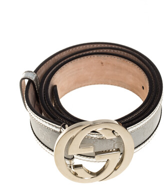 Gucci Metallic Silver GG Canvas and Patent Leather Interlocking G Buckle Belt 95CM