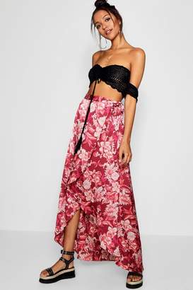 boohoo Floral Satin Wrap Woven Maxi Skirt