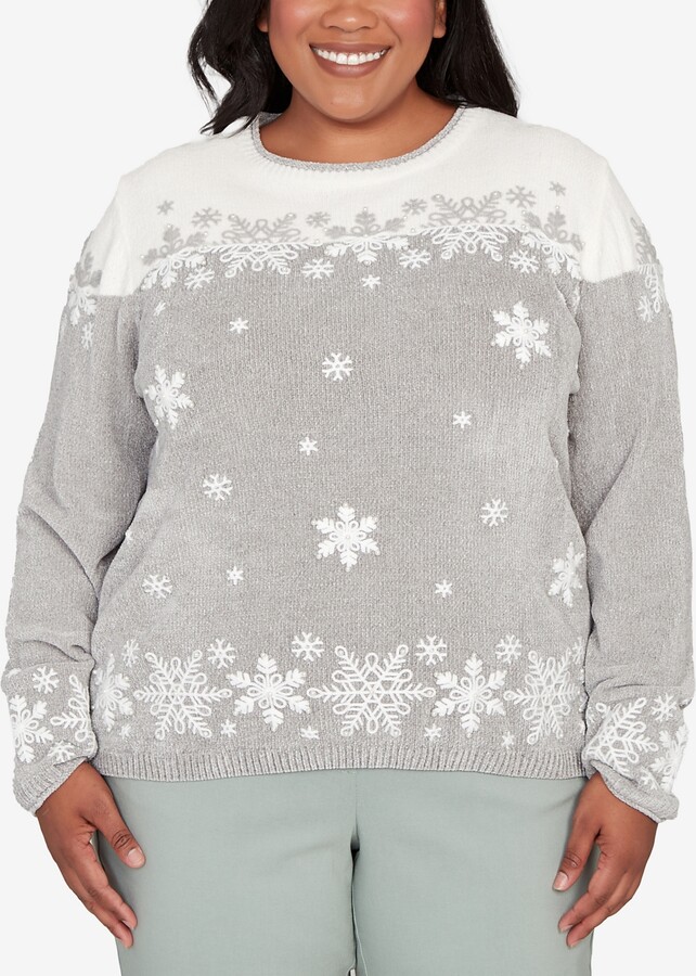Alfred Dunner Plus Size Stockbridge Snowflake Embroidery Chenille Sweater