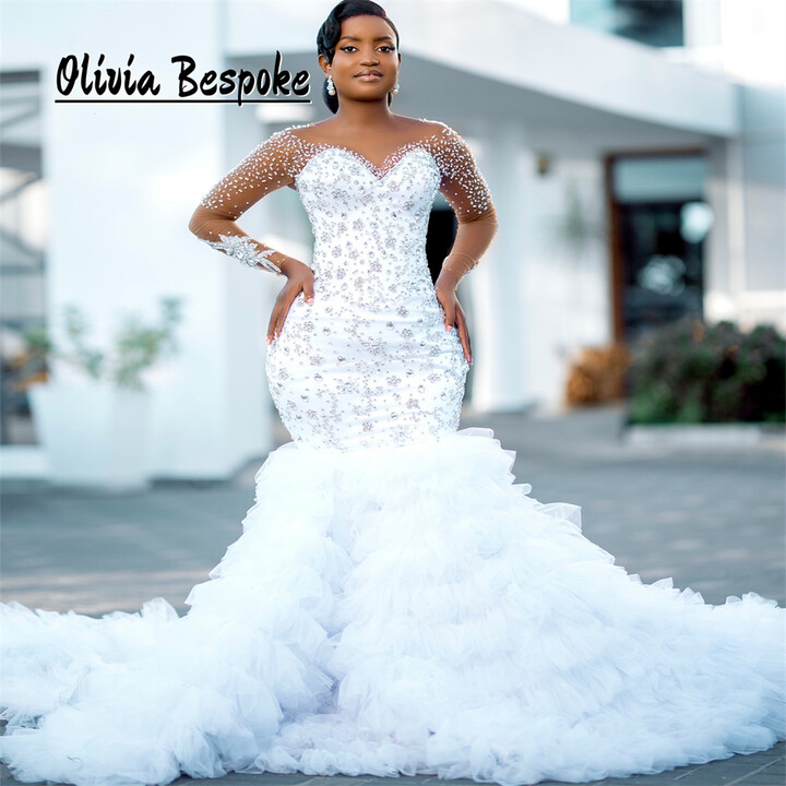 Remarkable Beaded Rhinestones Wedding Dress Long Sleeves Tulle Ruched Train Aso Ebi Mermaid Engagement Gown African Customized