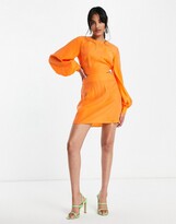 Thumbnail for your product : ASOS DESIGN blouson sleeve mini dress with open back in washed textured fabric