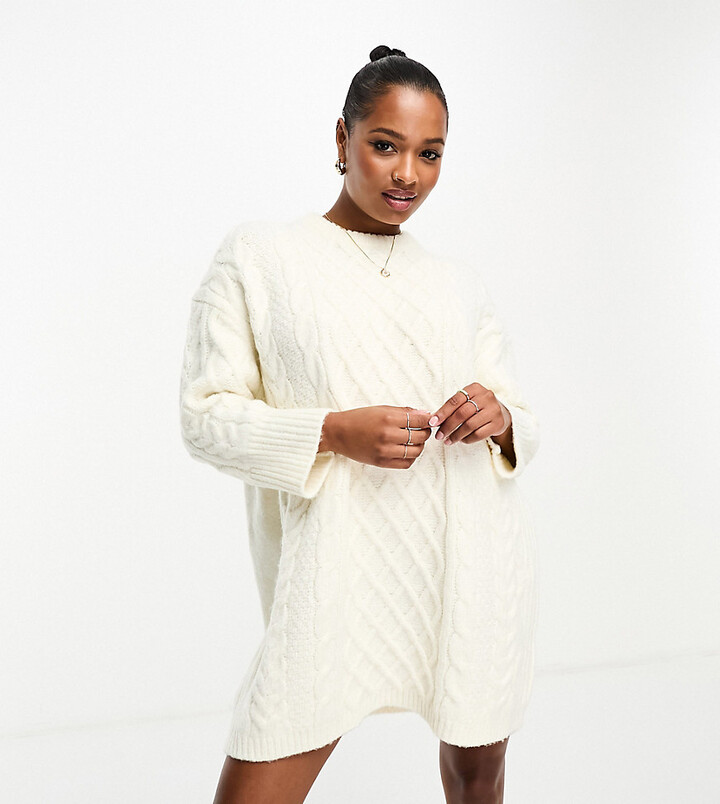 Cable Knit Sweater Dress in Cream