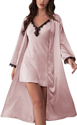 Akgukrseh Summer Pajamas for Women Cotton Nightgown For Lingerie Satin Chemise Lingerie Sexy Nightie Full Slips Sleep Dress Sexy Slips Sleepwear 2 Pieces Of Nightgown 2023 (Pink - ShopStyle Nightdresses