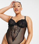 Thumbnail for your product : Ivory Rose Lingerie Ivory Rose Curve lace underwired mesh thong bodysuit in black