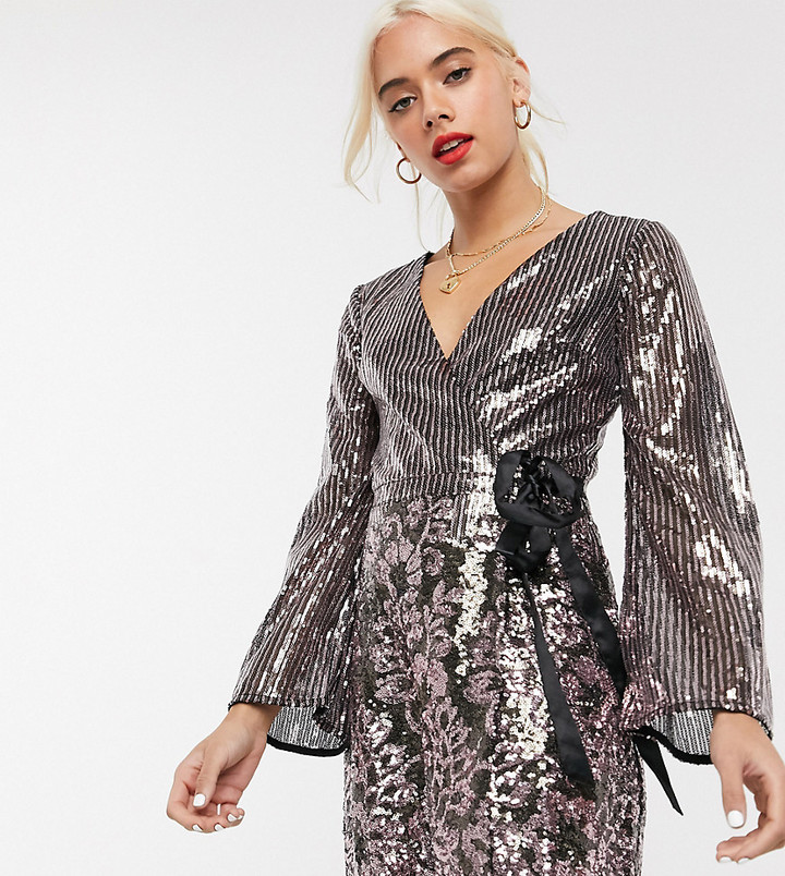 Miss selfridge silver sequin wrap midi dress Clearance