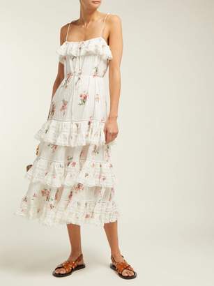 Zimmermann Heathers Floral Print Tiered Cotton Midi Dress - Womens - White Multi