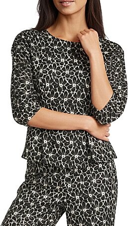 MelloDay Coordinating Knit Techno Crepe Crew Neck 34 Puff Sleeve Peplum Top