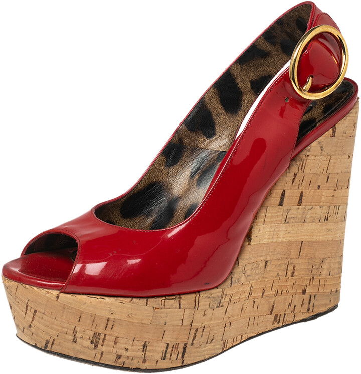 Dolce & Gabbana Red Patent Leather Cork Wedge Platform Slingback Sandals  Size 38 - ShopStyle