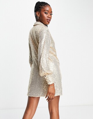 Style Cheat wrap tie sequin shirt dress in champagne