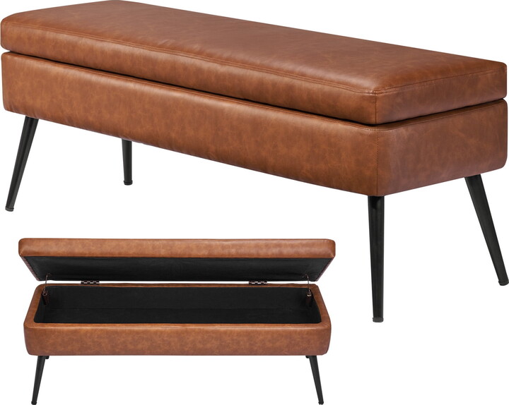 KFFKFF 40" Leather Ottoman Bench, Upholstered End of Bed Bench with Metal Legs, 660 Lbs Capacity, Decorative Entryway Bench with Storage
