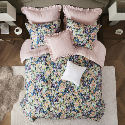 fengshu Comforter Of 8 Pieces, Vintage Floral Charm, Cool - To Touch Cotton, And Reversible Stripe Design Piece For Bed, Digital Print, Fluffy Filling, Ruffle