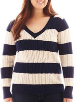 Thumbnail for your product : Arizona V-Neck Striped Cable Knit Sweater - Plus