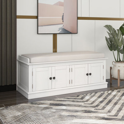 Storage Bench with 4 Doors and Adjustable Shelves, Shoe Bench with Removable Cushion for Living Room, Entryway (Espresso)
