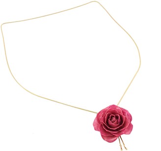 Novica Gold Plate and Natural Rose Lariat Necklace, 'Garden Rose In Fuchsia'