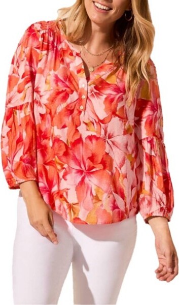 Women's Tribal Jacquard Smocked Yoke 3/4 Sleeve Blouse Small Coral Sky