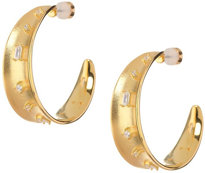14K Solid Yellow Gold Eliptical Hoop Earrings Annabelle Flower Cubic Zirconia 