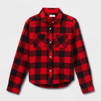 Cat & Jack Girls' Long Sleeve Flannel Button-Down Shirt Red/Black XXL