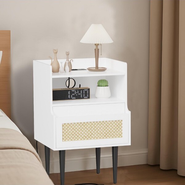 SunnyFurn Nightstand2-pieceset,naturalrattansidetablewithchargingdock,withdrawersandstorageshelves,farmhousebedroomchargingnightstand