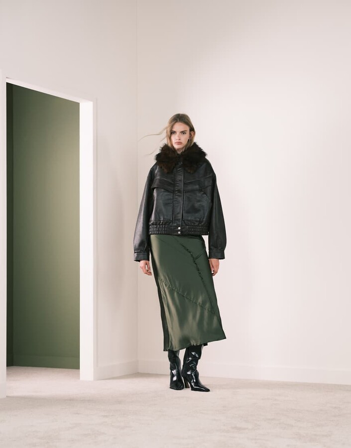 ASOS DESIGN spliced seam detailing satin maxi skirt in olive