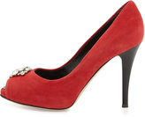 Thumbnail for your product : Giuseppe Zanotti Suede Peep-Toe Pump with Crystal Jewel, Red