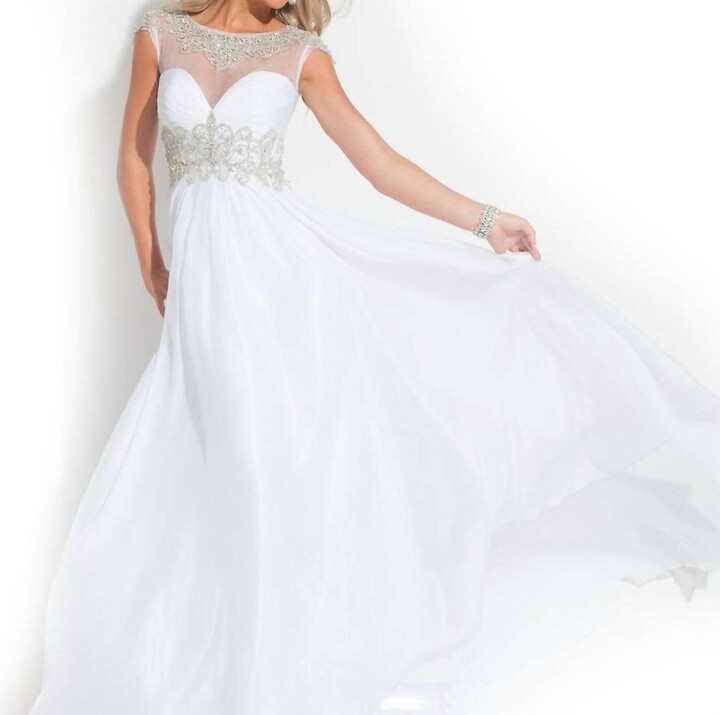 RACHEL ALLAN Beaded High Mesh Neck Chiffon Prom Gown In White