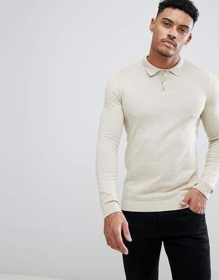 ASOS Design Knitted Muscle Fit Polo In Oatmeal