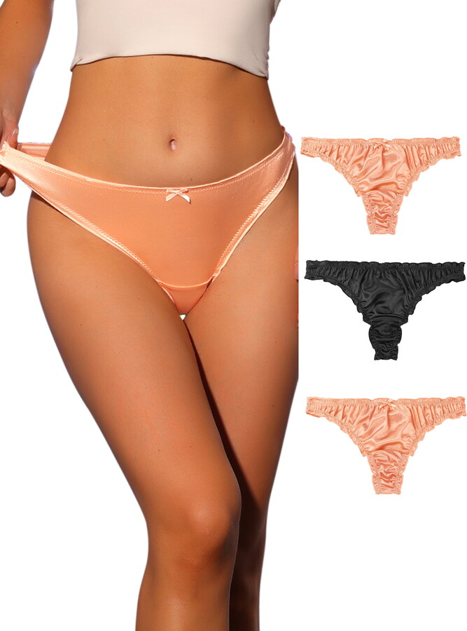 Unique Bargains Women’s Plus Size Satin Soft Mid-rise Ruffle Hipster Thong Underwear Black, Beige, Pink L