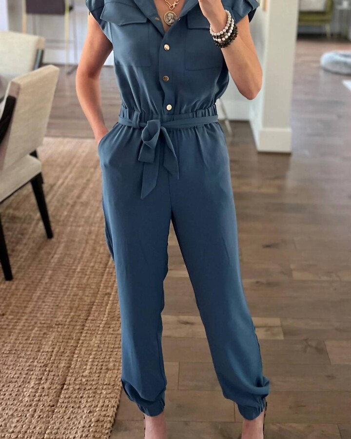 PATTY KIM Belted Jumpsuit In Whale Blue