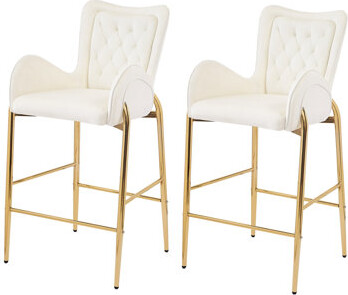 Counter Height Bar Stools Of 2, White Velvet With Golden Accents And Back, Comfortable Kitchen & Dining Seating, 28.75inch Fabric Legs Foam-filled Sea
