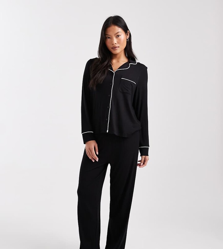 ASOS Petite ASOS DESIGN Petite super soft long sleeve shirt & pants pajama set with contrast piping in black
