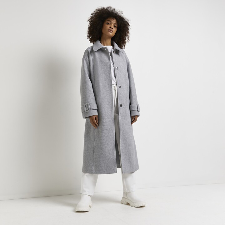 River Island Womens Grey Belted Longline Coat ShopStyle