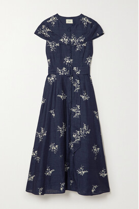Erdem Clarisia Belted Embroidered Linen Midi Dress - Blue