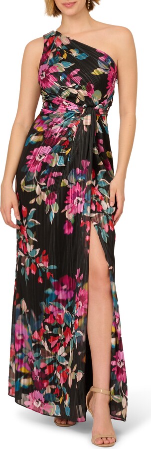 Pleated Floral Print One-Shoulder Chiffon Gown