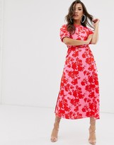 Thumbnail for your product : ASOS DESIGN puff sleeve wrap front midi dress with cutout in floral print