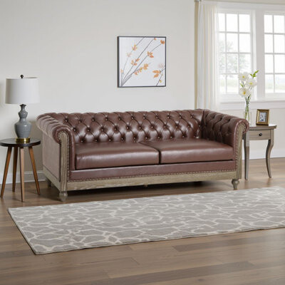 Benjara Ober Sofa, Rivets Chesterfield Tufted Faux Leather, 79 Inch Wood