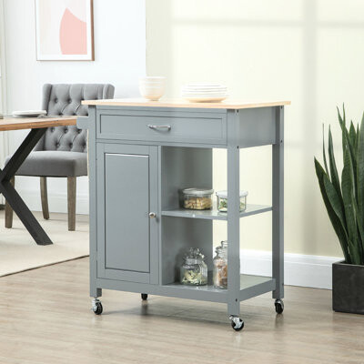 Ophelia & Co. Rolling Kitchen Work Island, Gray, Solid Wood Table Top, Drawer, Storage Shelves, Adjustable Shelving, For Home Dining Island With Mobility And Storag