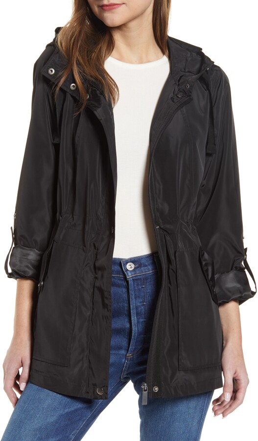 cinched waist rain jacket