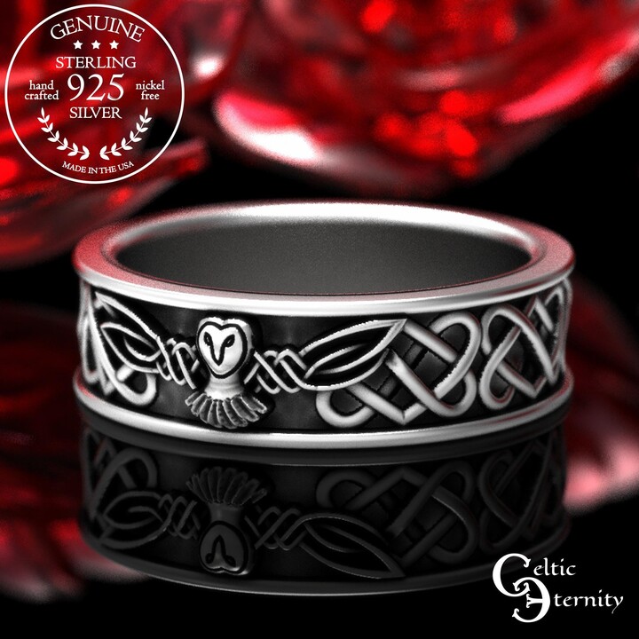 Etsy sterling Silver Owl Wedding Band Celtic Ring Heart Knot Flying Barn Jewelry 925 Knotwork 1220