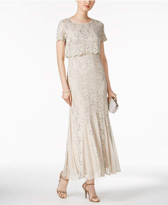 R & M Richards Petite Sequined Lace Popover Gown