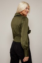 Thumbnail for your product : Little Mistress Pippa Khaki Satin Bow Shirred Crop Top