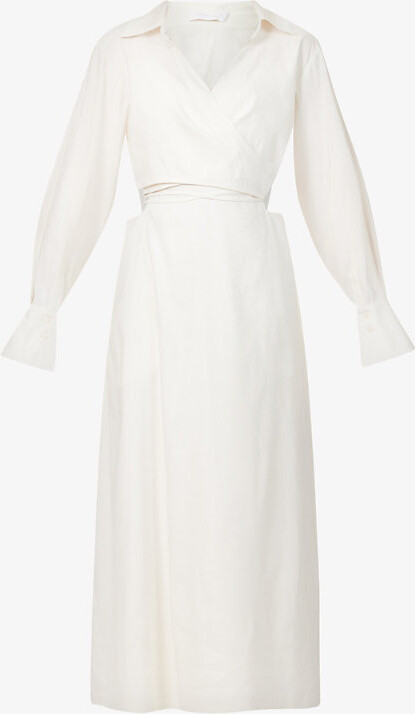 Simkhai Womens White Giulia Wrap-over Linen-blend Midi Dress - ShopStyle