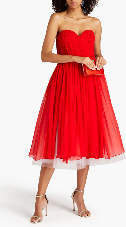 Oscar de la Renta Strapless plissé silk-chiffon and tulle midi dress ...
