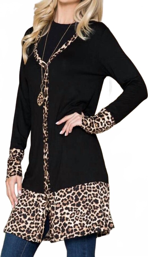 Celeste Solid Button-Down Leopard Cardigan In Black