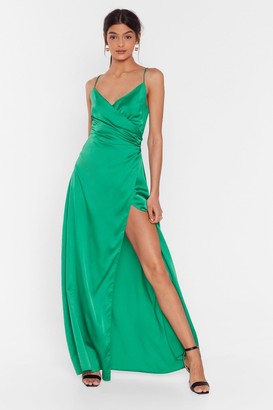 Nasty Gal Womens Satin V Neck Slit Side Maxi Dress - Green - 6, Green
