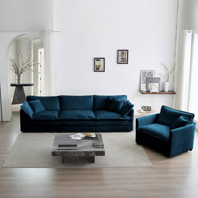 Latitude Run 3 Upholstered For Living Room - Modern Blue Sectional With Wood Frame And High Chenille Fabric Furniture Stylish Comfortable