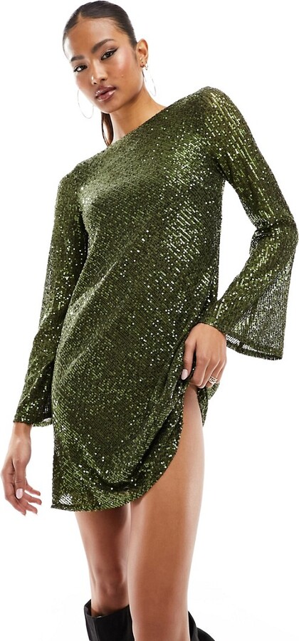 Dark Green Velvet Sequin Short Sleeve Mini Dress