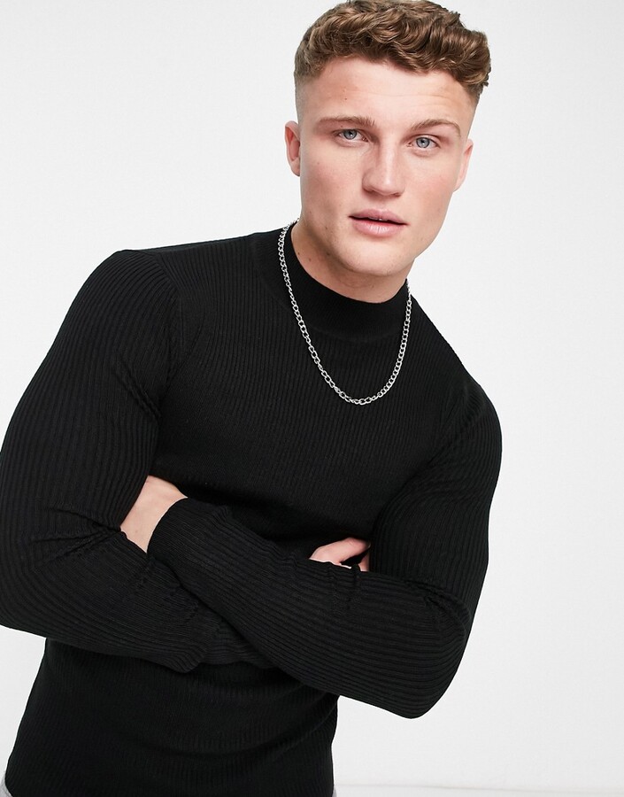 ASOS DESIGN knitted muscle fit rib turtle neck jumper in black
