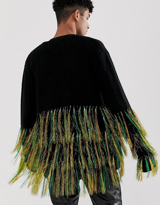 ASOS DESIGN knitted oversized cardigan with neon tassels in black
