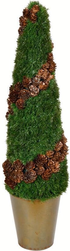 Vickerman 24 in. Green Artificial Cone Shape Cedar Topiary Plants in Rustic Tin Pot