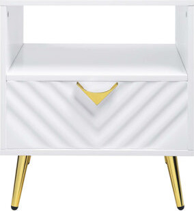 Ivy Bronx End Table In White High Gloss Fashion, A Single Storage Drawer, Metal Legs, Wave Pattern Design, 2/3 Extension Side Glide Open Storage, Main Material,